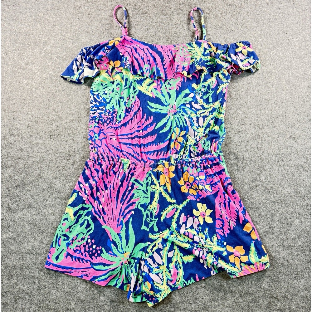 Lilly Pulitzer Womens S Tropical Floral Off Shoulder Ruffle Romper Elastic Waist